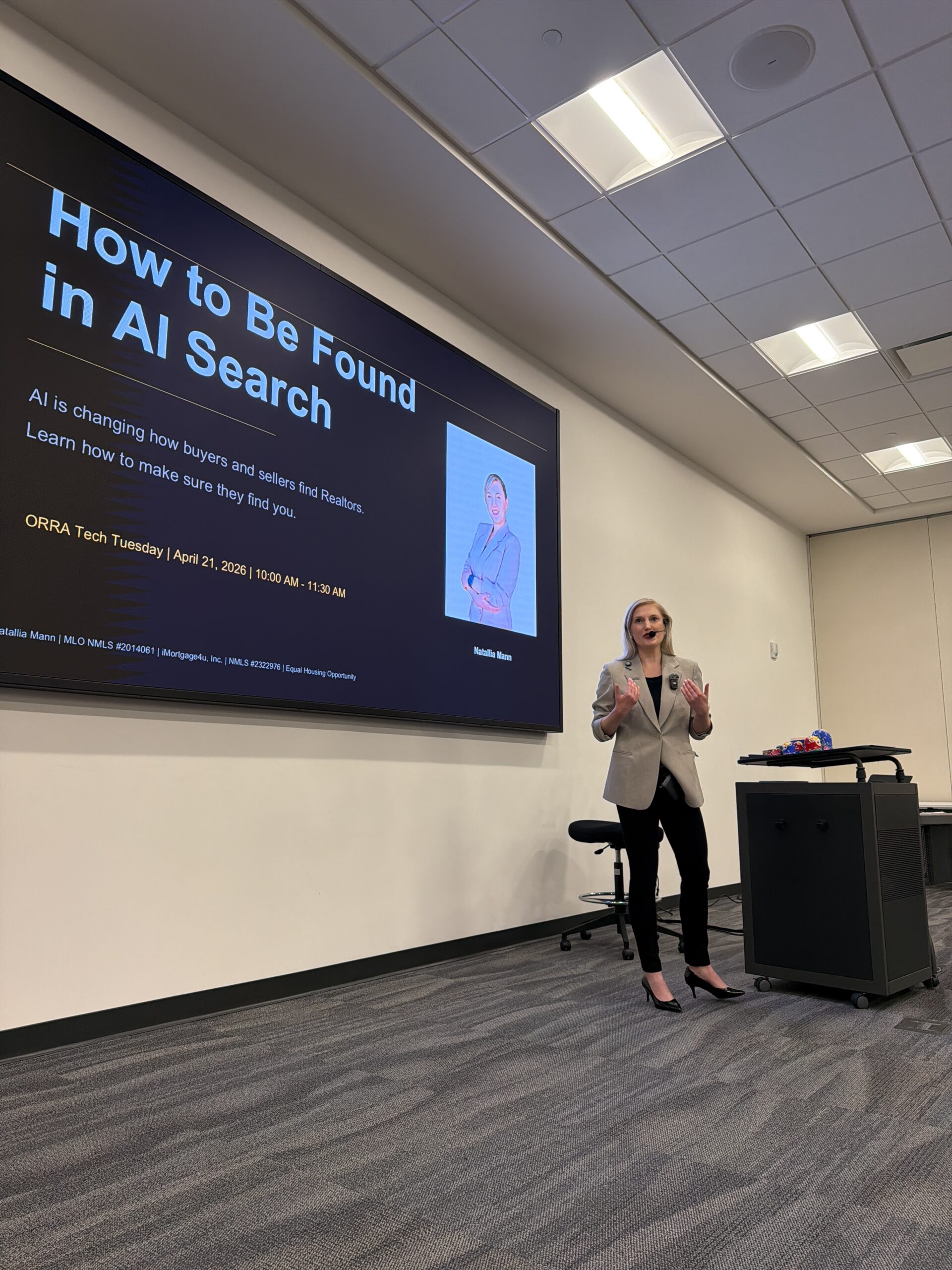 Natallia Mann presenting How to Be Found in AI Search at an ORRA Tech Tuesday class